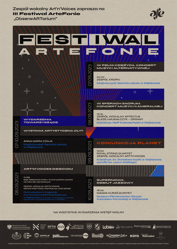 Zdjęcie do newsa Stowarzyszenie Młodych Artystów Ziemi Wejherowskiej oraz Zespół Wokalny Art’n’Voices zapraszają do Wejherowa na III edycję festiwalu muzycznego ArteFonie – „ObeserwARTorium”, który odbędzie się w dniach 7-10.09.2023 r.