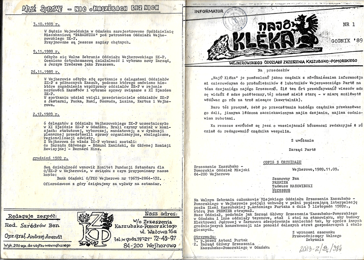Zdjęcie do newsa „NAJÔ KLËKA”. POCZĄTKI INFORMATORA WEJHEROWSKIEGO ODDZIAŁU ZRZESZENIA KASZUBSKO-POMORSKIEGO 1989–1990