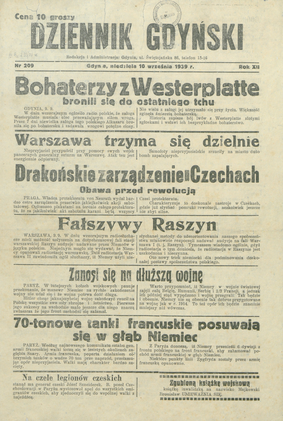 Zdjęcie do newsa DZIENNIK GDYŃSKI Z 10 WRZEŚNIA 1939 ROKU