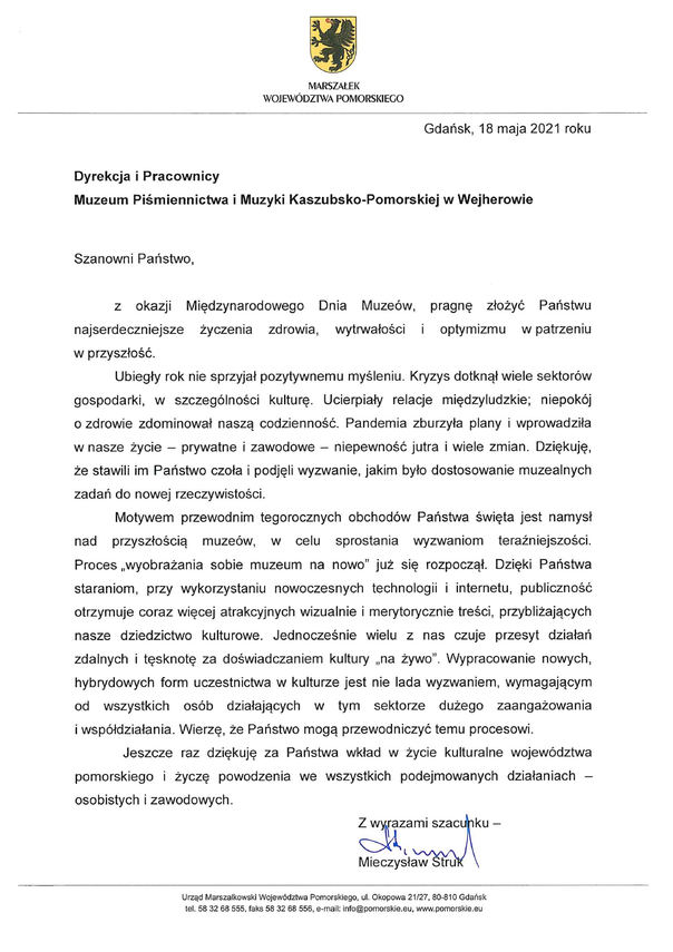 Zdjęcie do newsa Życzenia od Marszałka Struka. Święto Muzealnika